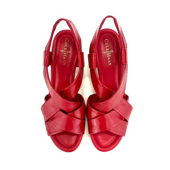 Cole Haan Platform Wedge Sandal Size 9.5 Red Leather Beige Jute Sling Back Comfy - Picture 4 of 16